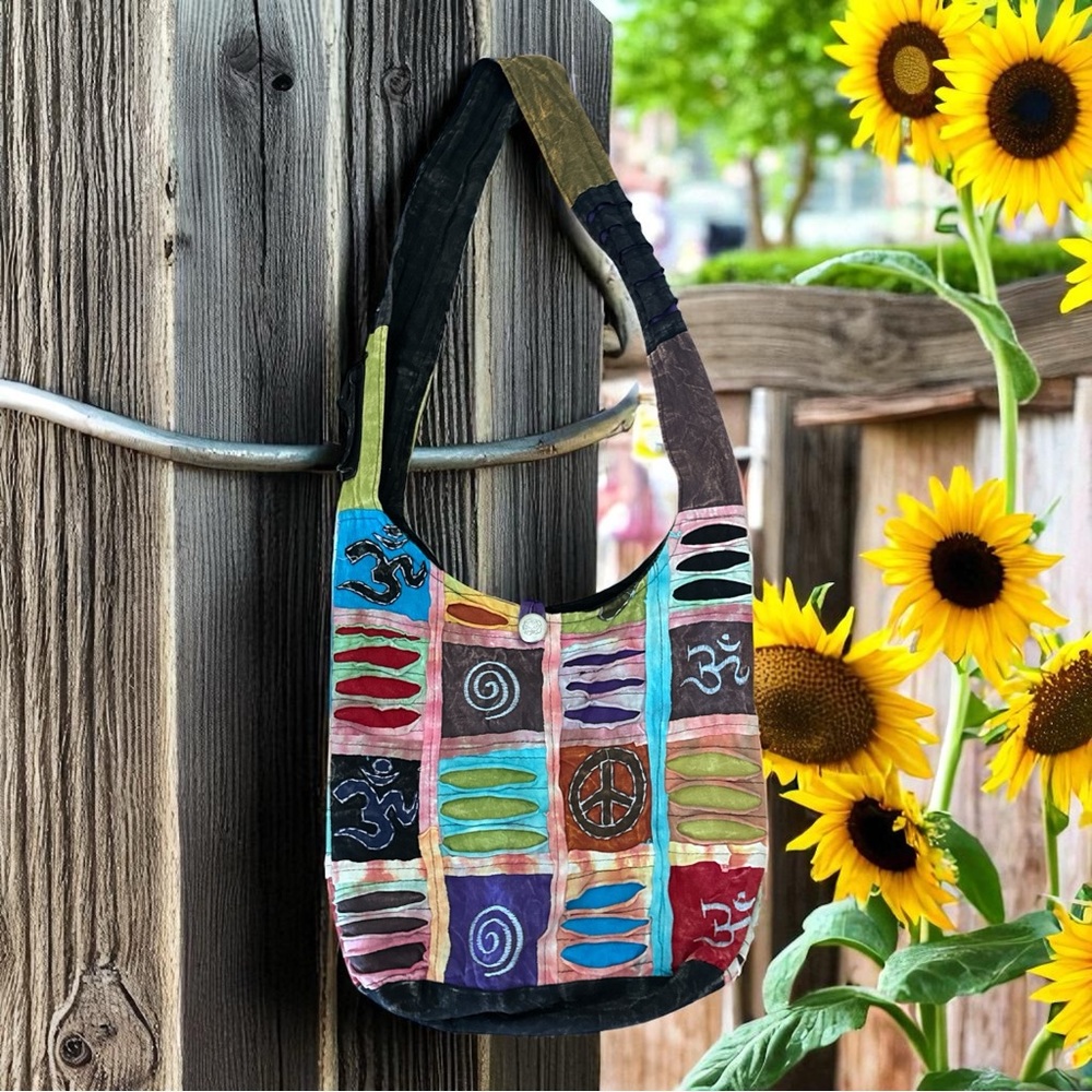 Distressed Hippie Satchel Unisex Crossbody Bag Multicolor Peace Love Om Print